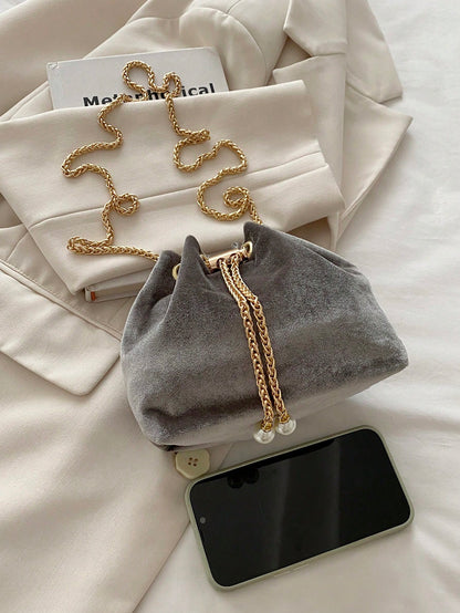 Fashion Solid Color Hollow Out Woven Chain Drawstring Mini Crossbody Bucket Bag