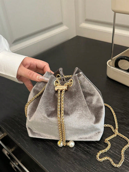 Fashion Solid Color Hollow Out Woven Chain Drawstring Mini Crossbody Bucket Bag