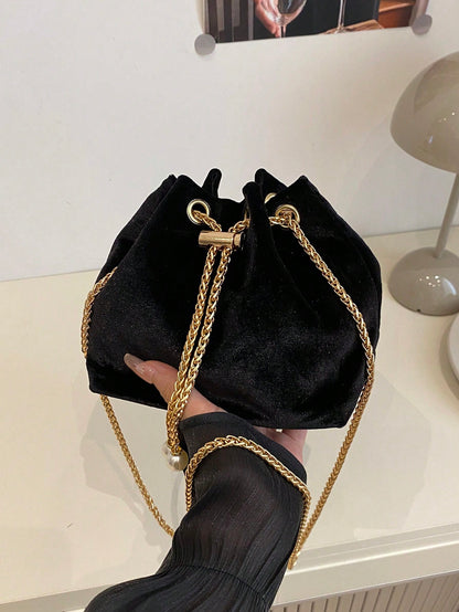 Fashion Solid Color Hollow Out Woven Chain Drawstring Mini Crossbody Bucket Bag