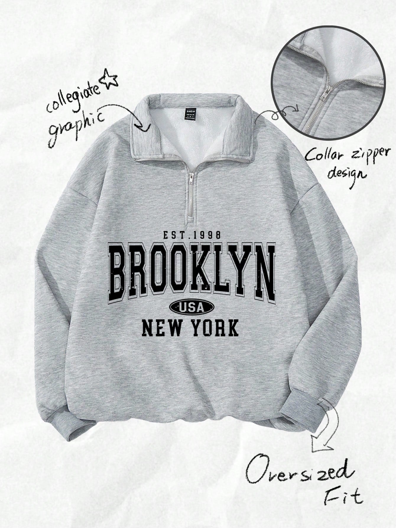 Attitoon Attitoon Retro American Campus Style Casual Oversized Unisex Women's Loose Half-Zip High Neck Fleece Hoodie, Suitable For Autumn/Winter