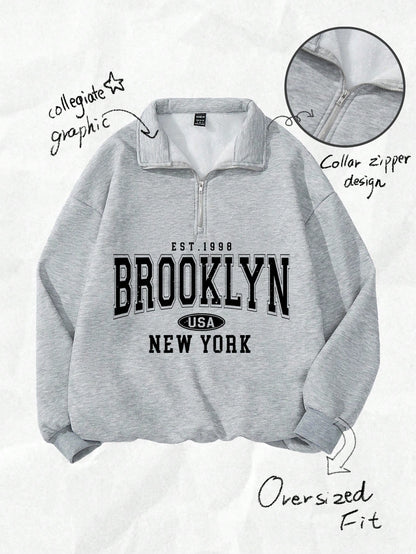 Attitoon Attitoon Retro American Campus Style Casual Oversized Unisex Women's Loose Half-Zip High Neck Fleece Hoodie, Suitable For Autumn/Winter