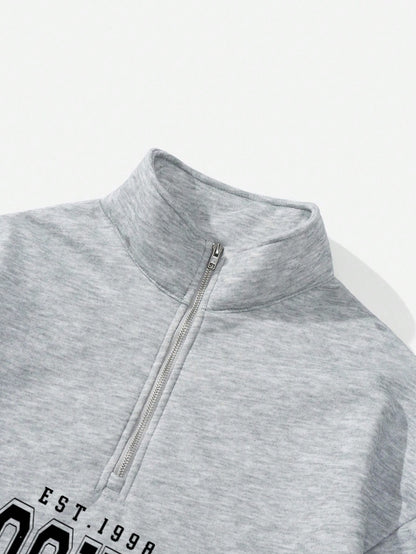 Attitoon Attitoon Retro American Campus Style Casual Oversized Unisex Women's Loose Half-Zip High Neck Fleece Hoodie, Suitable For Autumn/Winter