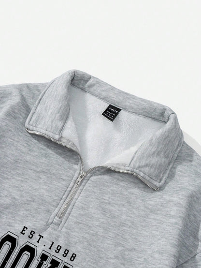 Attitoon Attitoon Retro American Campus Style Casual Oversized Unisex Women's Loose Half-Zip High Neck Fleece Hoodie, Suitable For Autumn/Winter