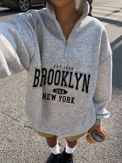 Attitoon Attitoon Retro American Campus Style Casual Oversized Unisex Women's Loose Half-Zip High Neck Fleece Hoodie, Suitable For Autumn/Winter