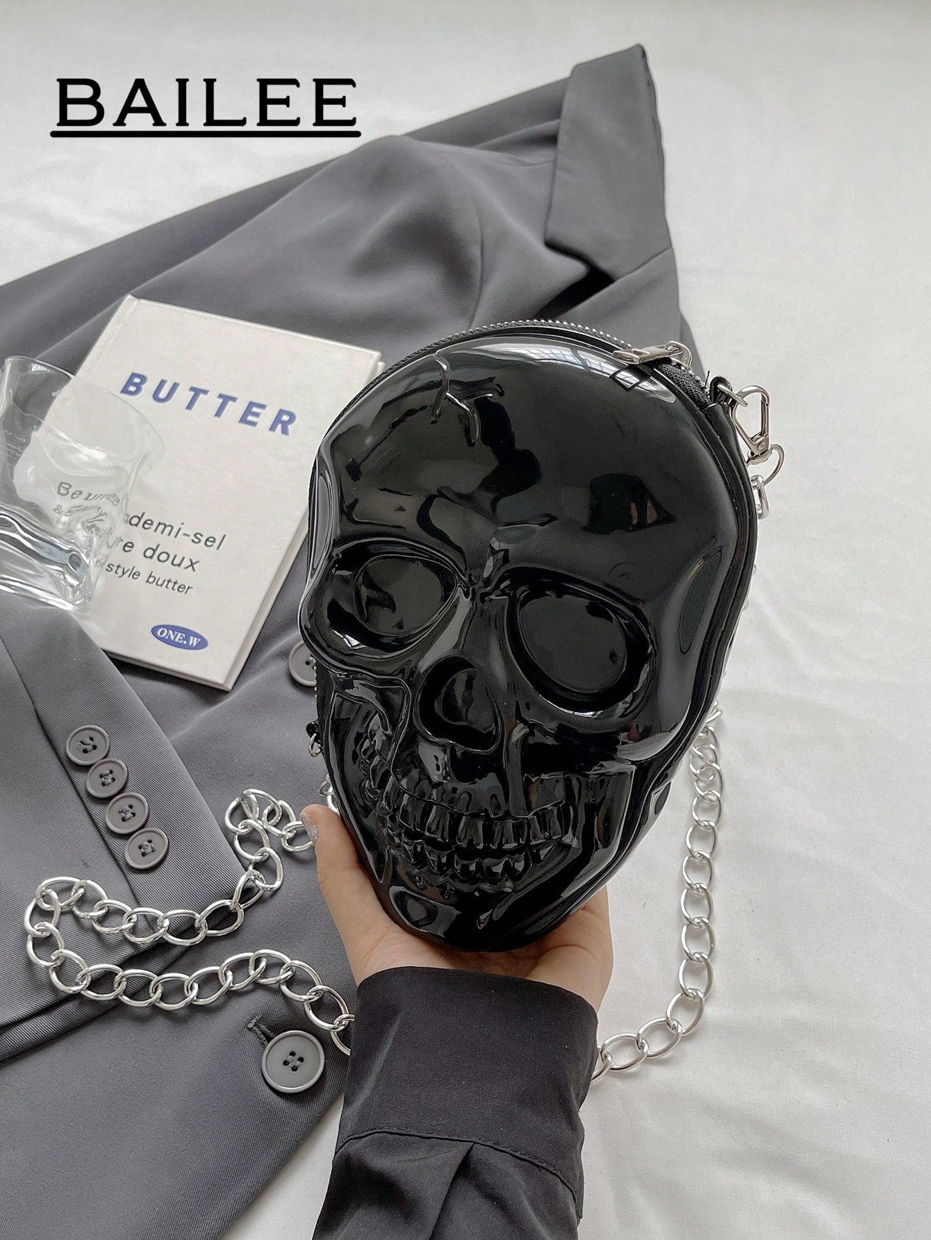 BAILEE 1 Pc Fashionable Personalized Punk Style And Cool Halloween Theme Solid Color Silicone Skull Bag With Zipper Closure And Metal Chain Design For Women's Crossbody Bag For Halloween Themed Party&Halloween Costume Matching&Halloween Gift