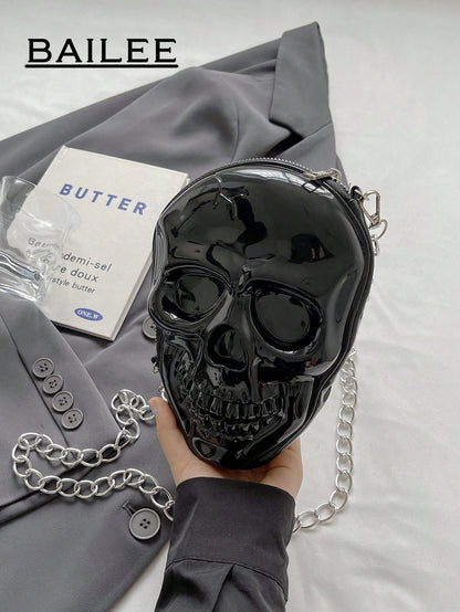 BAILEE 1 Pc Fashionable Personalized Punk Style And Cool Halloween Theme Solid Color Silicone Skull Bag With Zipper Closure And Metal Chain Design For Women's Crossbody Bag For Halloween Themed Party&Halloween Costume Matching&Halloween Gift