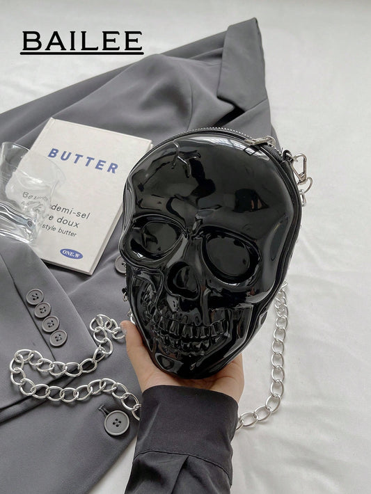 BAILEE 1 Pc Fashionable Personalized Punk Style And Cool Halloween Theme Solid Color Silicone Skull Bag With Zipper Closure And Metal Chain Design For Women's Crossbody Bag For Halloween Themed Party&Halloween Costume Matching&Halloween Gift