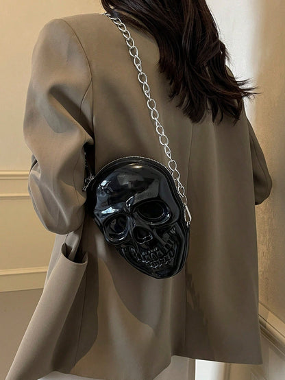 BAILEE 1 Pc Fashionable Personalized Punk Style And Cool Halloween Theme Solid Color Silicone Skull Bag With Zipper Closure And Metal Chain Design For Women's Crossbody Bag For Halloween Themed Party&Halloween Costume Matching&Halloween Gift