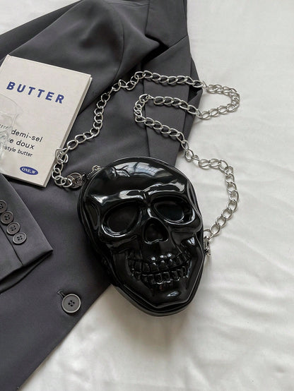 BAILEE 1 Pc Fashionable Personalized Punk Style And Cool Halloween Theme Solid Color Silicone Skull Bag With Zipper Closure And Metal Chain Design For Women's Crossbody Bag For Halloween Themed Party&Halloween Costume Matching&Halloween Gift