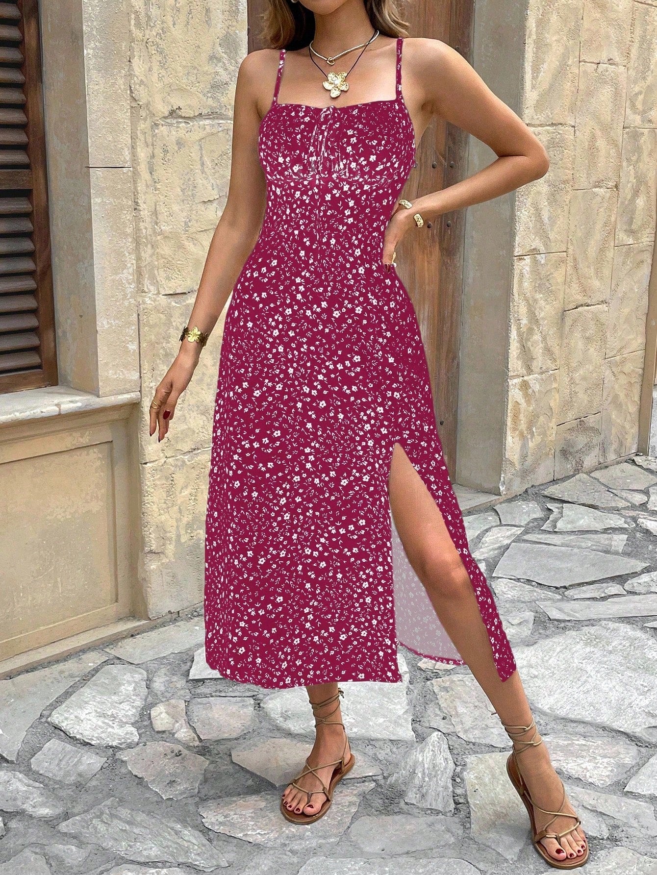 SHEIN Frenchy Women Ditsy Floral Side Slit Hem Cami Dress,Summer Dresses,Summer Dresses For Women,Floral