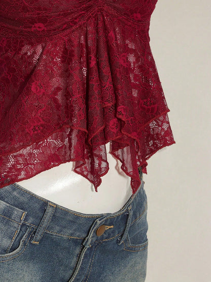 SHEIN ICON Women's Ruched Front Fitted Sexy Cutout Jacquard Romantic French Style Flare Sleeve Backless Casual Vacation Cropped Camisole