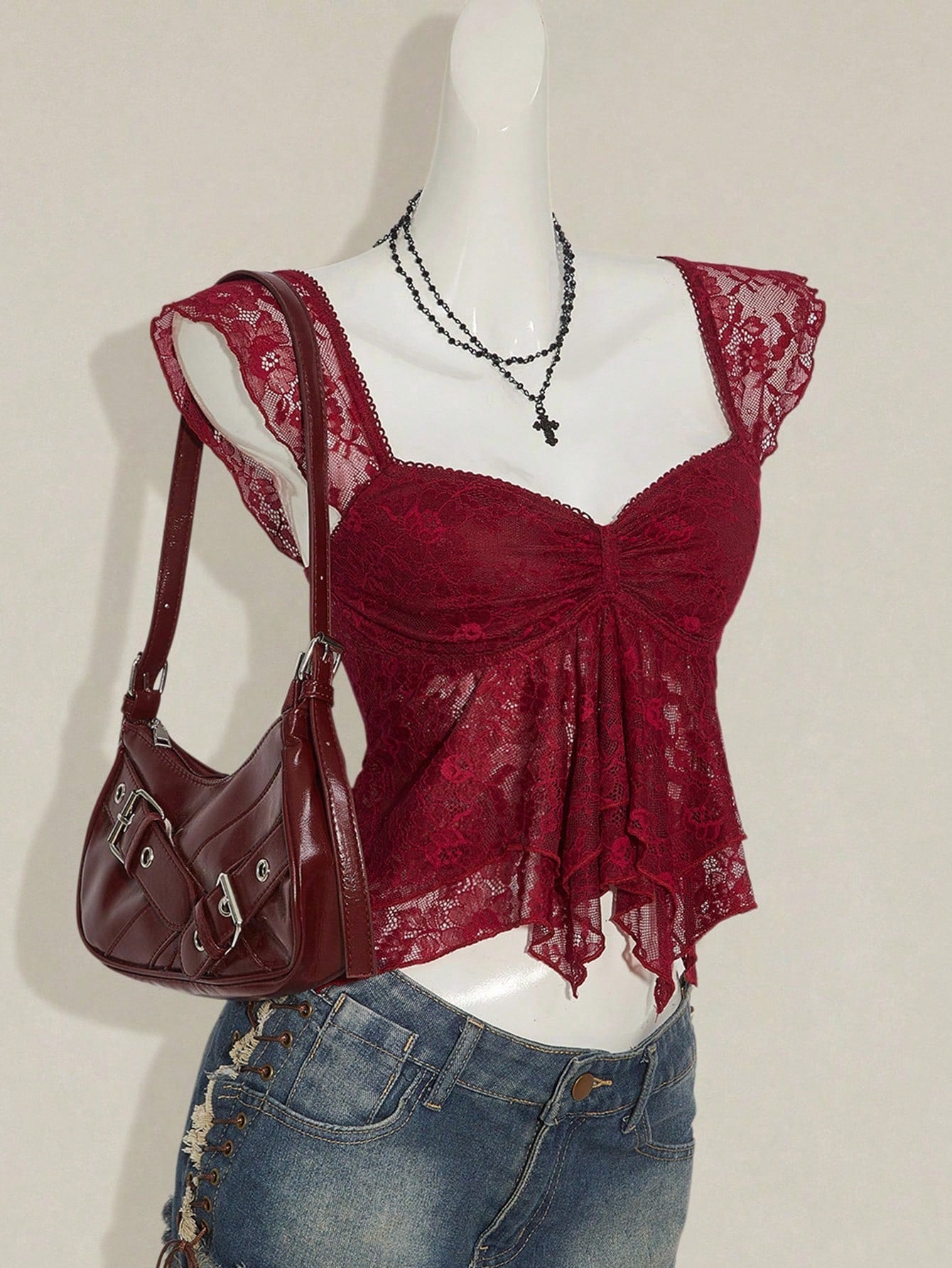 SHEIN ICON Women's Ruched Front Fitted Sexy Cutout Jacquard Romantic French Style Flare Sleeve Backless Casual Vacation Cropped Camisole