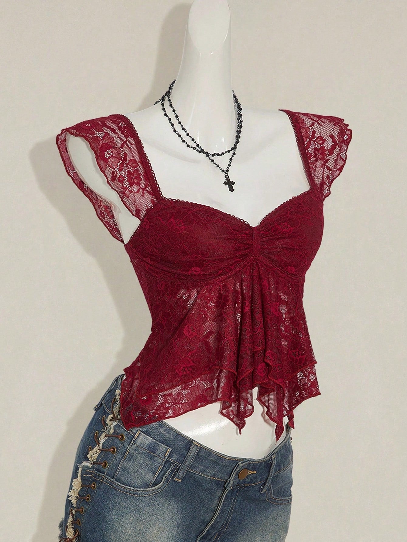 SHEIN ICON Women's Ruched Front Fitted Sexy Cutout Jacquard Romantic French Style Flare Sleeve Backless Casual Vacation Cropped Camisole