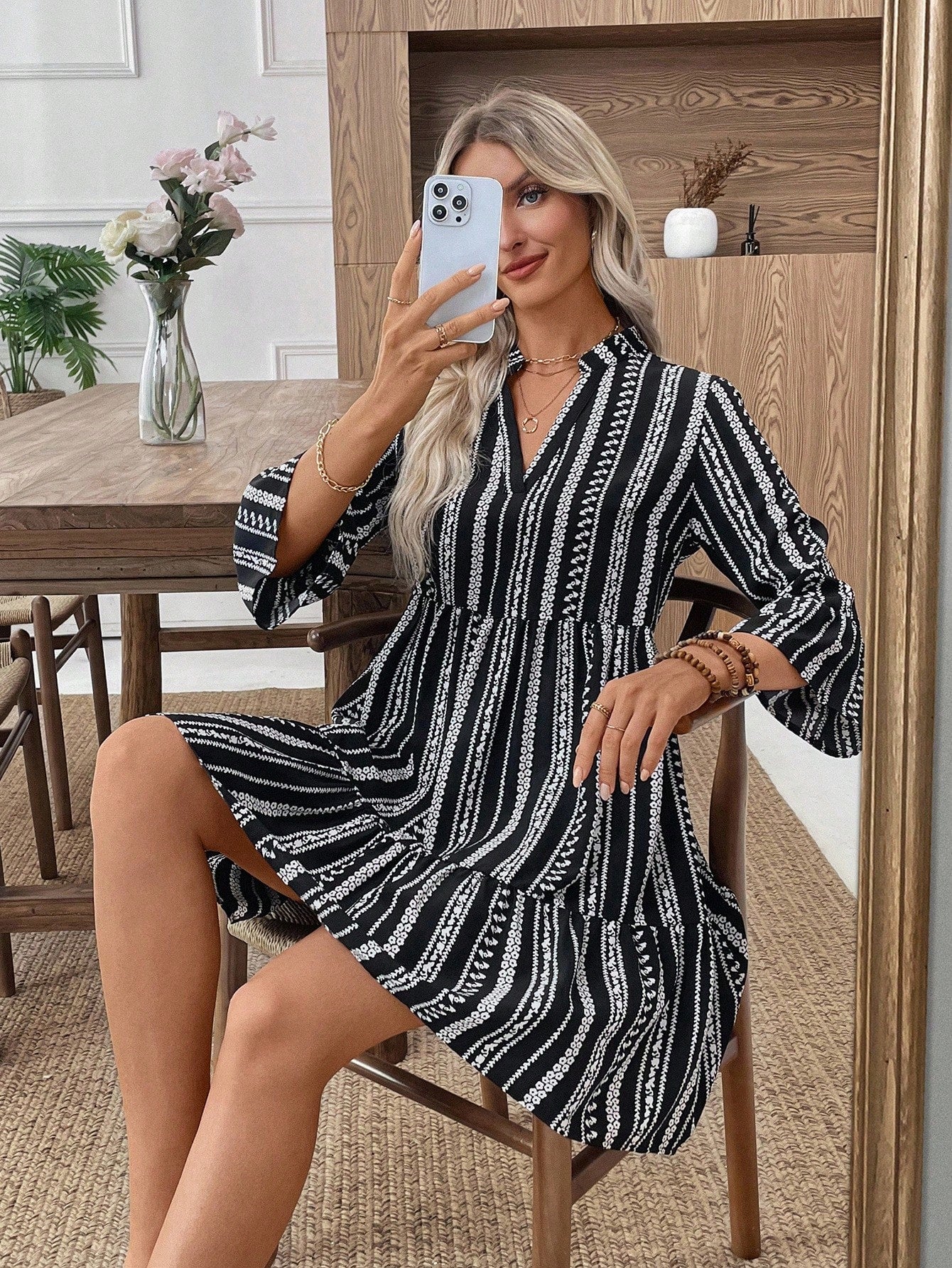 EMERY ROSE Women's Floral Print Cutout V-Neck Ruffled Hem Long Sleeve Mini Dress,Summer Dresses For Women