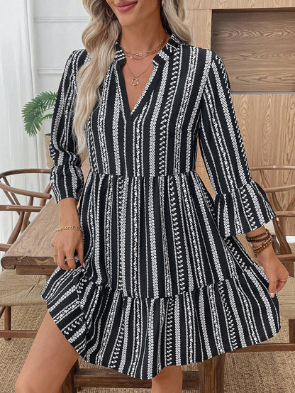 EMERY ROSE Women's Floral Print Cutout V-Neck Ruffled Hem Long Sleeve Mini Dress,Summer Dresses For Women