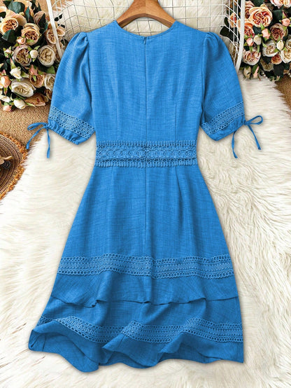 SHEIN Clasi Women's Solid Color Lace Trim Puff Sleeve Mini Dress, Summer