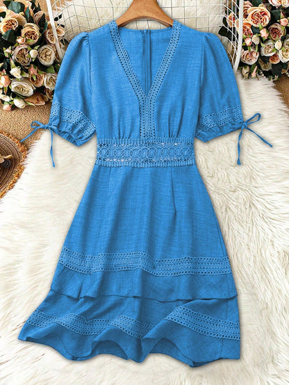 SHEIN Clasi Women's Solid Color Lace Trim Puff Sleeve Mini Dress, Summer