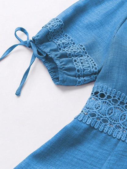 SHEIN Clasi Women's Solid Color Lace Trim Puff Sleeve Mini Dress, Summer