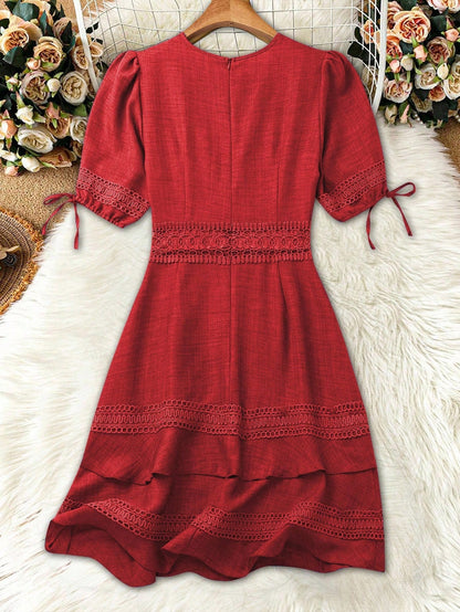 SHEIN Clasi Women's Solid Color Lace Trim Puff Sleeve Mini Dress, Summer