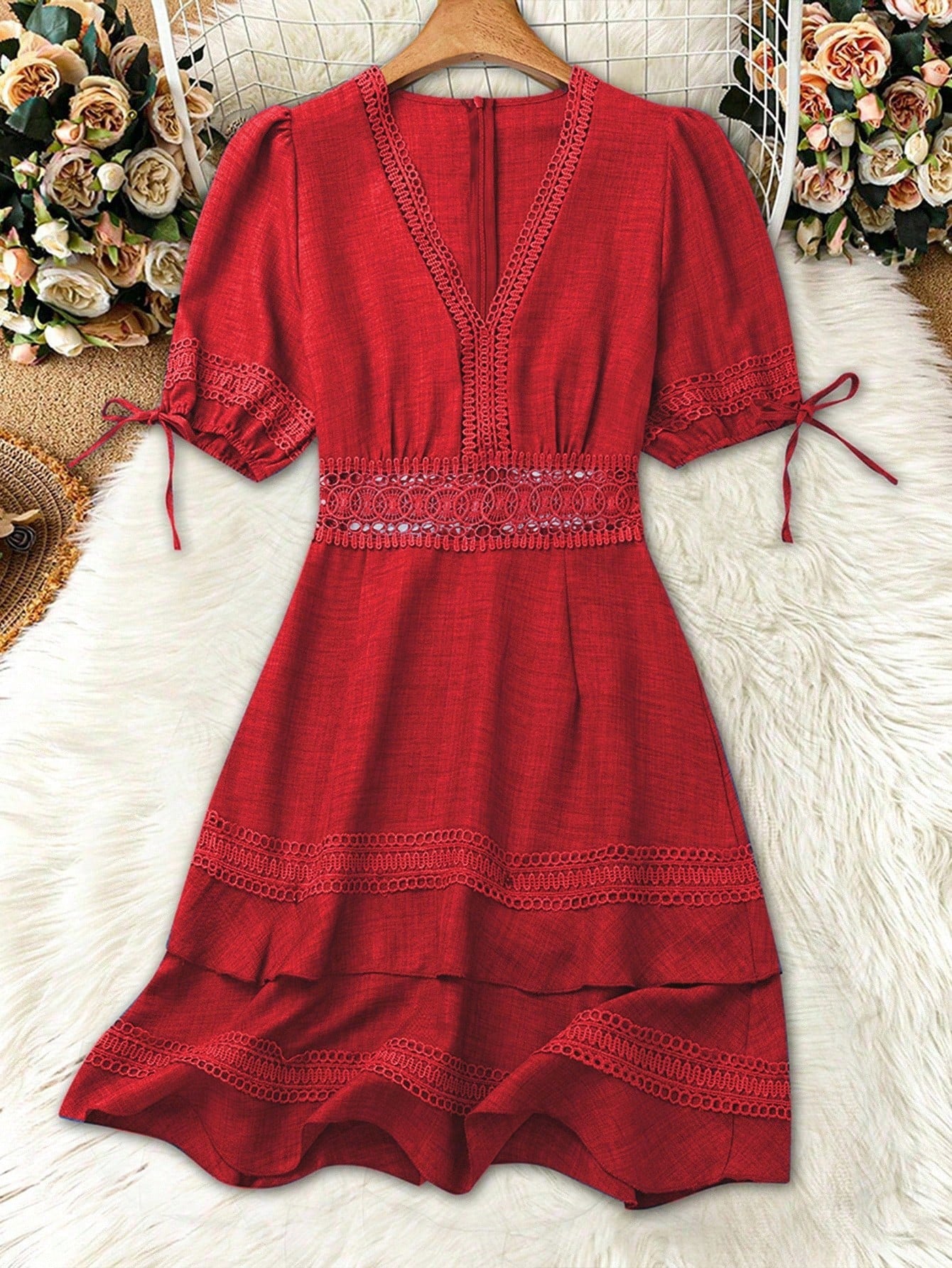 SHEIN Clasi Women's Solid Color Lace Trim Puff Sleeve Mini Dress, Summer