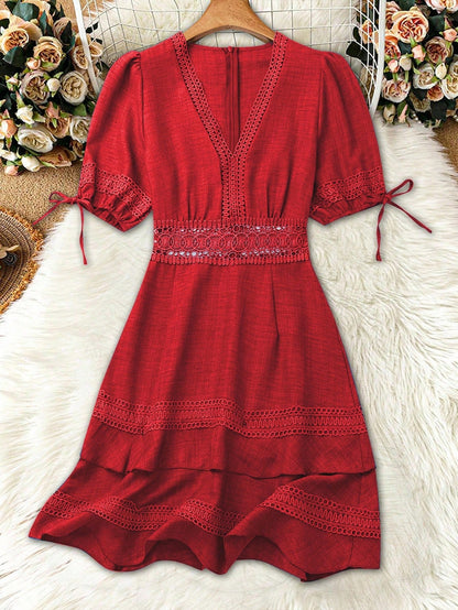 SHEIN Clasi Women's Solid Color Lace Trim Puff Sleeve Mini Dress, Summer