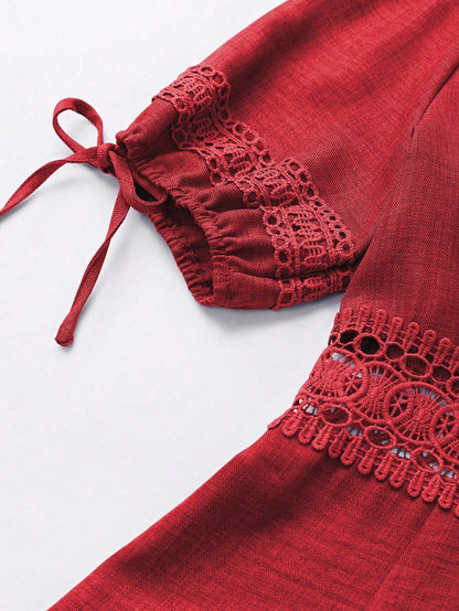 SHEIN Clasi Women's Solid Color Lace Trim Puff Sleeve Mini Dress, Summer