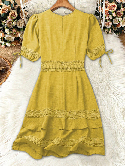 SHEIN Clasi Women's Solid Color Lace Trim Puff Sleeve Mini Dress, Summer