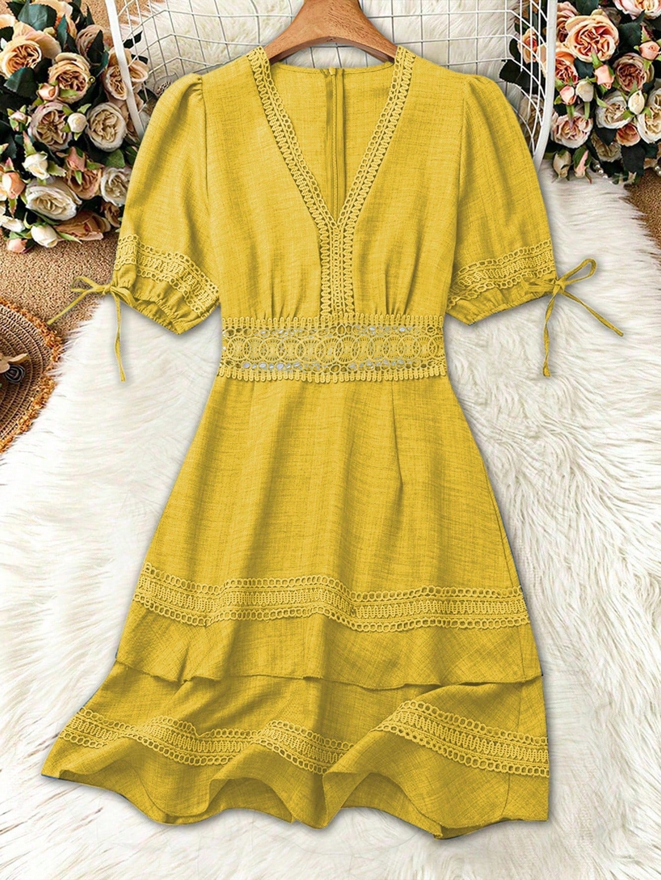 SHEIN Clasi Women's Solid Color Lace Trim Puff Sleeve Mini Dress, Summer