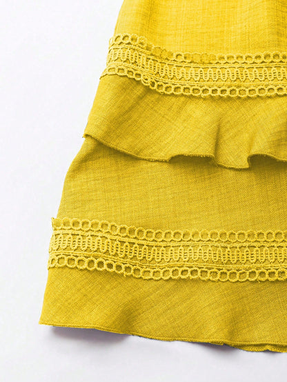 SHEIN Clasi Women's Solid Color Lace Trim Puff Sleeve Mini Dress, Summer