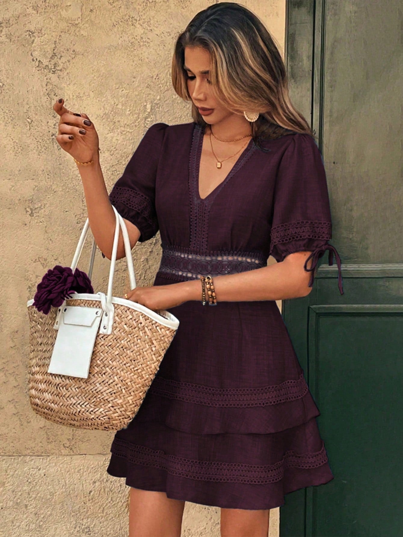 SHEIN Clasi Women's Solid Color Lace Trim Puff Sleeve Mini Dress, Summer