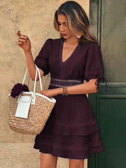 SHEIN Clasi Women's Solid Color Lace Trim Puff Sleeve Mini Dress, Summer