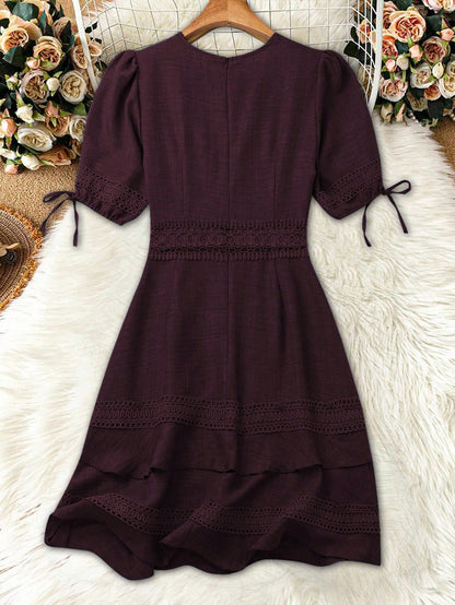 SHEIN Clasi Women's Solid Color Lace Trim Puff Sleeve Mini Dress, Summer