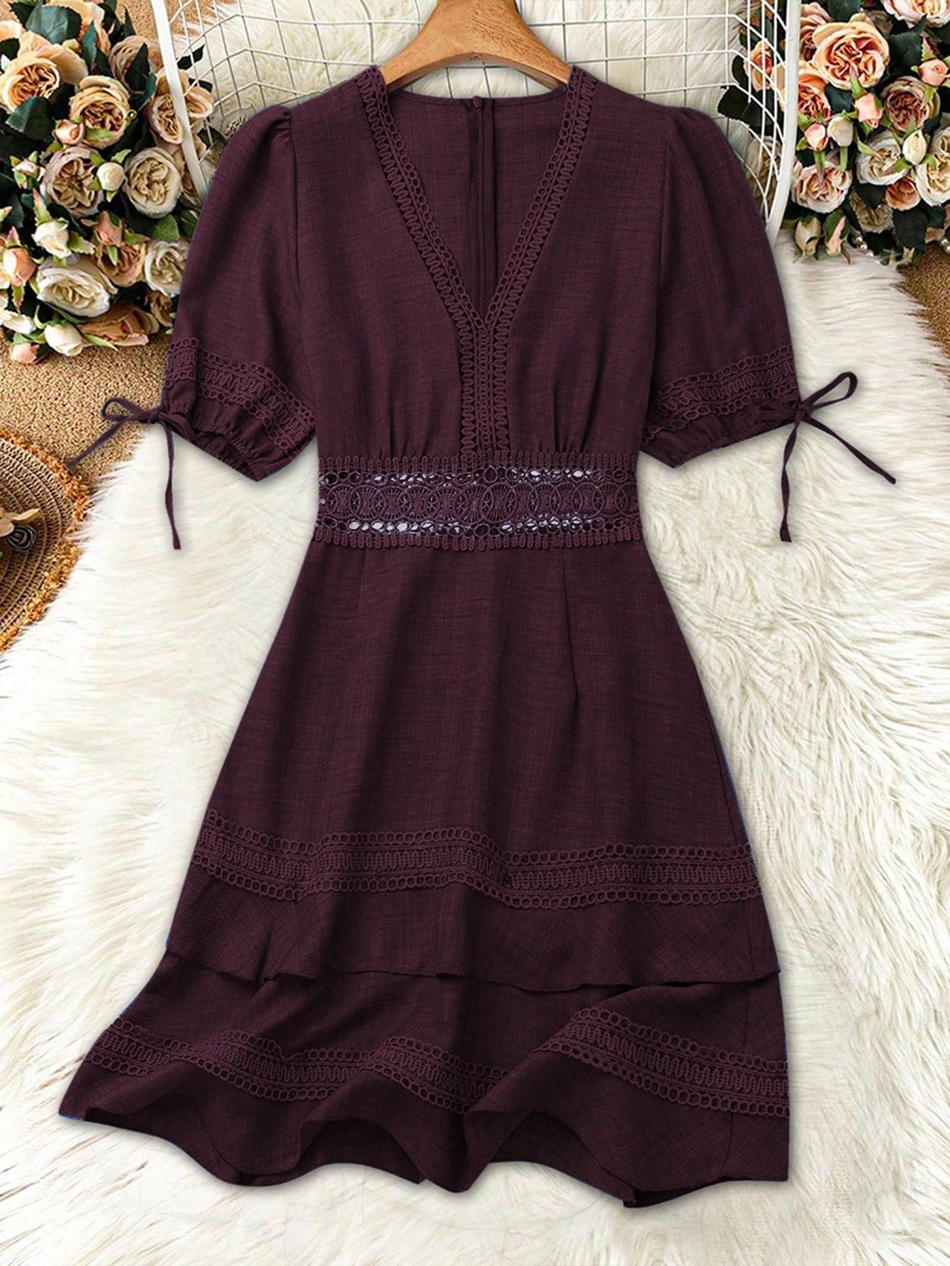 SHEIN Clasi Women's Solid Color Lace Trim Puff Sleeve Mini Dress, Summer