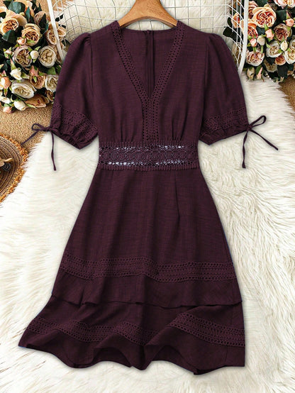 SHEIN Clasi Women's Solid Color Lace Trim Puff Sleeve Mini Dress, Summer