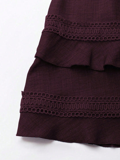 SHEIN Clasi Women's Solid Color Lace Trim Puff Sleeve Mini Dress, Summer