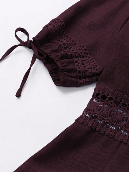 SHEIN Clasi Women's Solid Color Lace Trim Puff Sleeve Mini Dress, Summer