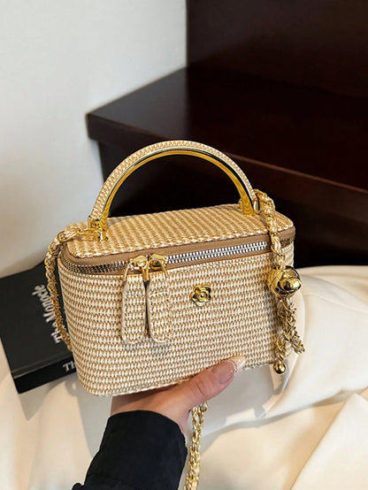 New Minimalist Casual Versatile Woven Straw Lunch Box Bag, Chain Strap Shoulder Crossbody Bag