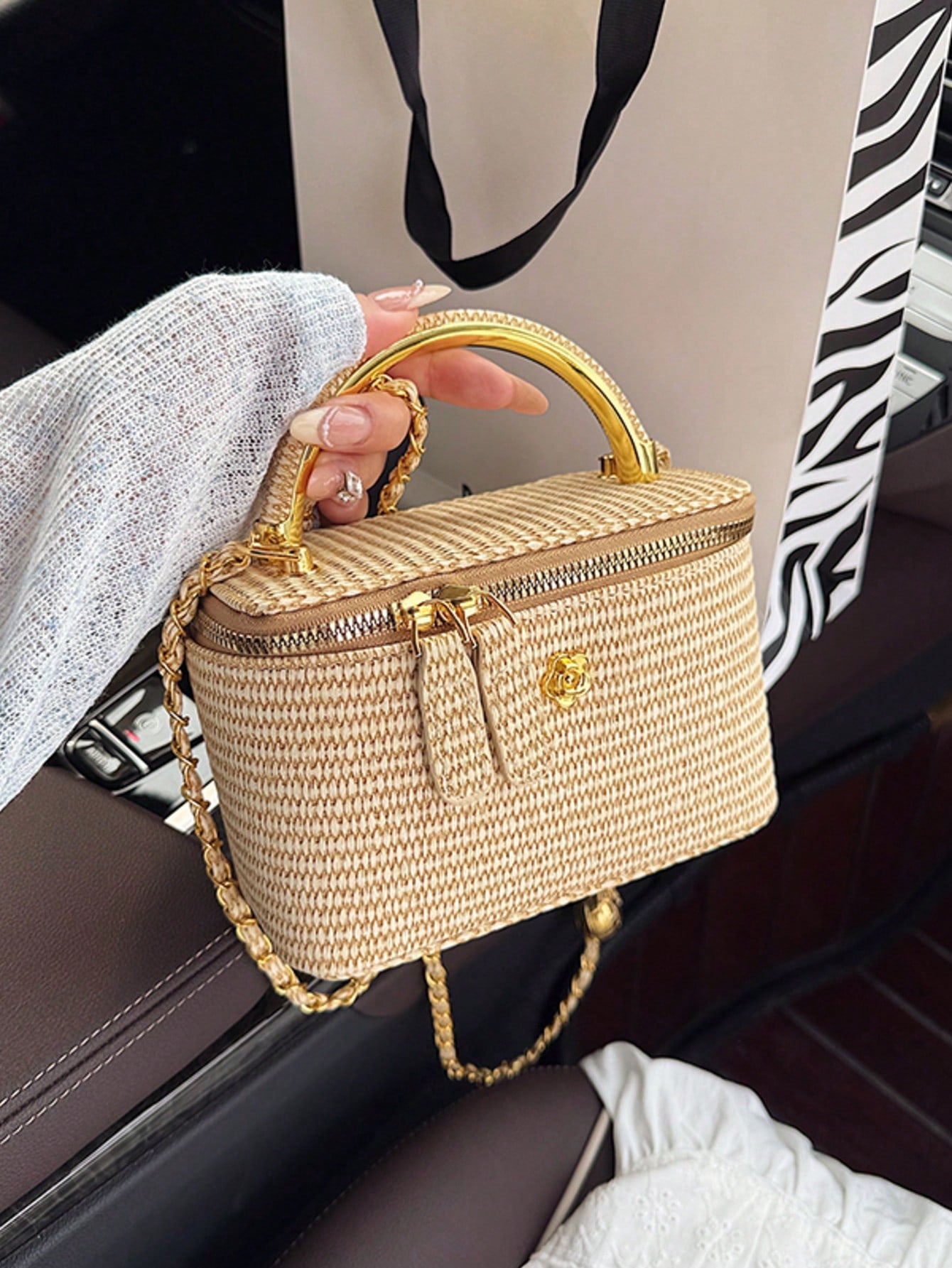 1pc New Minimalist Casual Versatile Woven Straw Lunch Box Bag, Chain Strap Shoulder Crossbody Bag, Holiday Best Seller Small Shoulder Crossbody Bag