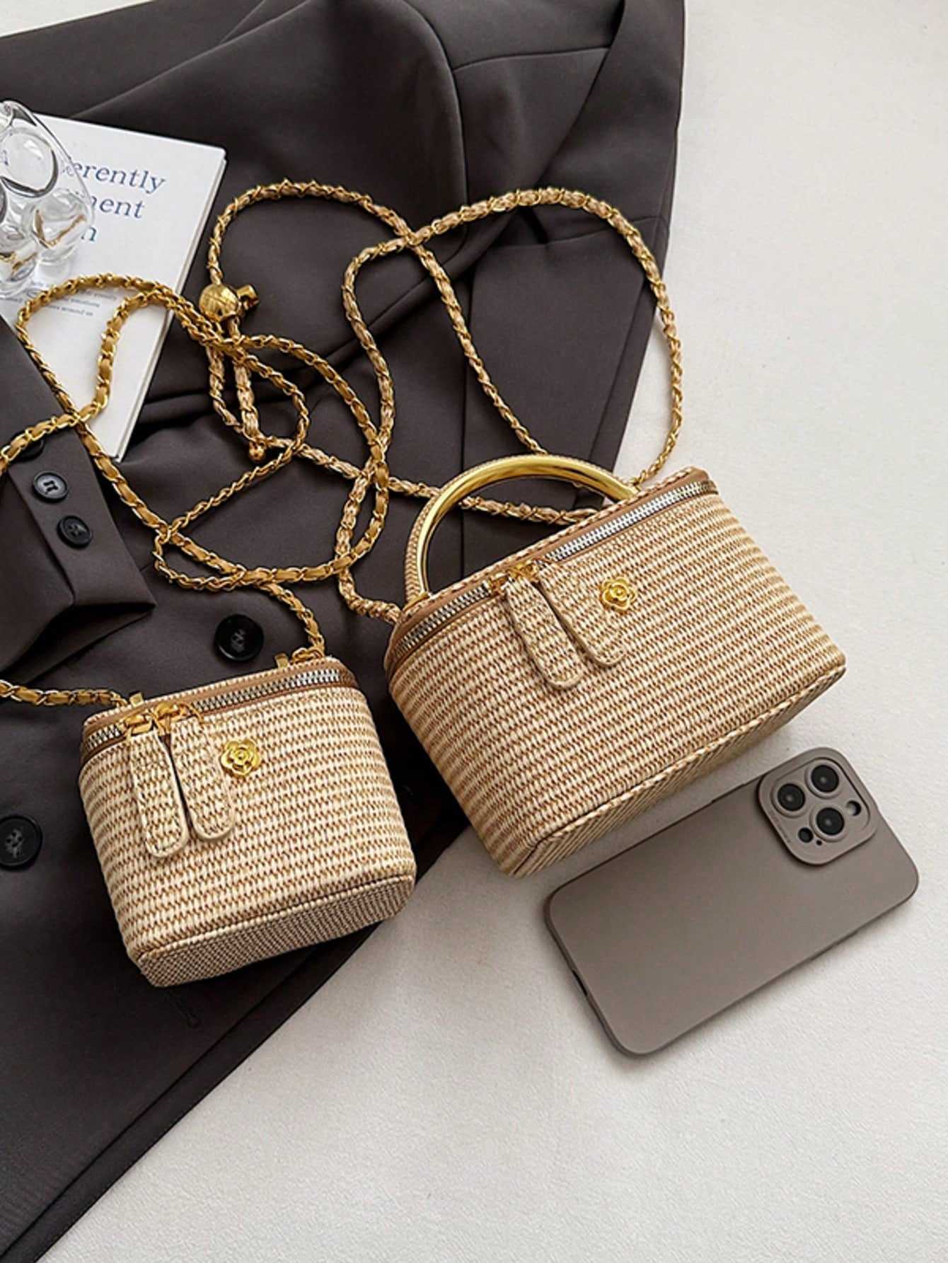 1pc New Minimalist Casual Versatile Woven Straw Lunch Box Bag, Chain Strap Shoulder Crossbody Bag, Holiday Best Seller Small Shoulder Crossbody Bag