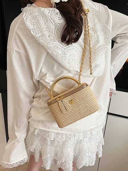 1pc New Minimalist Casual Versatile Woven Straw Lunch Box Bag, Chain Strap Shoulder Crossbody Bag, Holiday Best Seller Small Shoulder Crossbody Bag