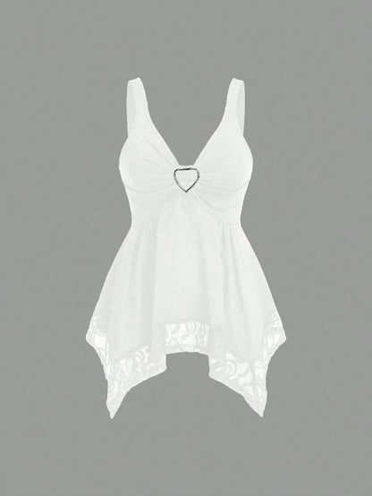 Sweetra Women Lace Decorated Heart Shaped And Floral Splicing Tank Top Y2K Outfit