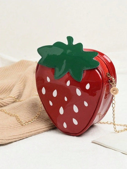 Women's Fashion Casual Versatile PU Chain Shoulder Bag, Cute Personalized Fruit Phone Pouch, Strawberry Shaped Portable Asymmetric Shoulder Bag, Suitable For Outings, Commuting, Travel, Photography, And Daily Use