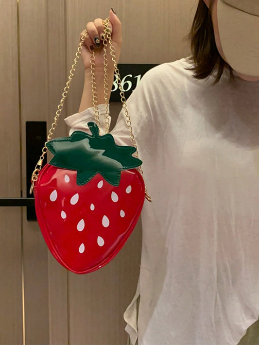 Women's Fashion Casual Versatile PU Chain Shoulder Bag, Cute Personalized Fruit Phone Pouch, Strawberry Shaped Portable Asymmetric Shoulder Bag, Suitable For Outings, Commuting, Travel, Photography, And Daily Use