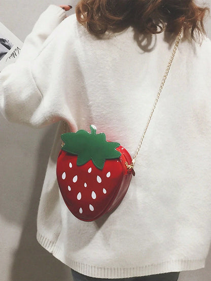 Women's Fashion Casual Versatile PU Chain Shoulder Bag, Cute Personalized Fruit Phone Pouch, Strawberry Shaped Portable Asymmetric Shoulder Bag, Suitable For Outings, Commuting, Travel, Photography, And Daily Use