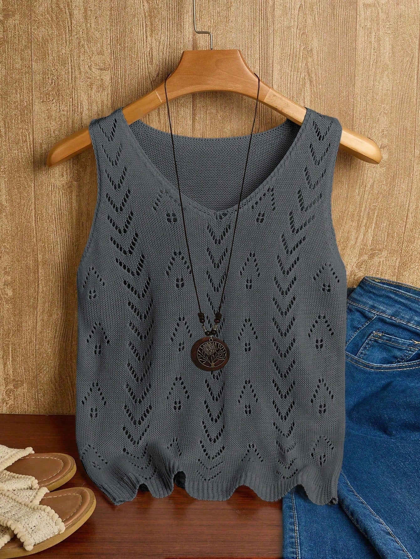 EMERY ROSE Women's Vacation Casual Solid Color Hollow Out Knit Top