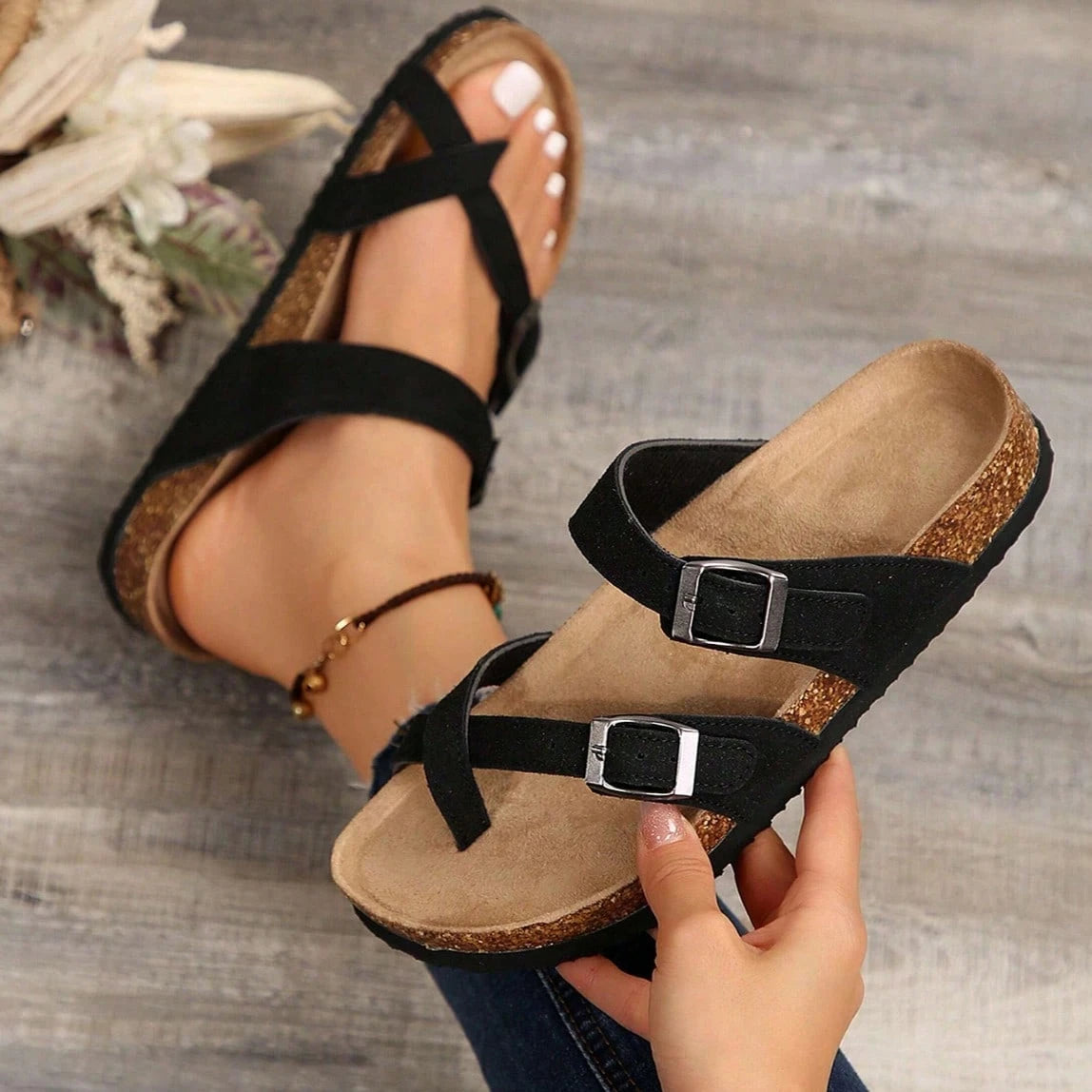 Women's Adjustable Buckle Cork Footbed Sandals, Comfortable Summer Beach Sandals