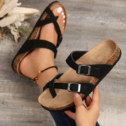 Women's Adjustable Buckle Cork Footbed Sandals, Comfortable Summer Beach Sandals