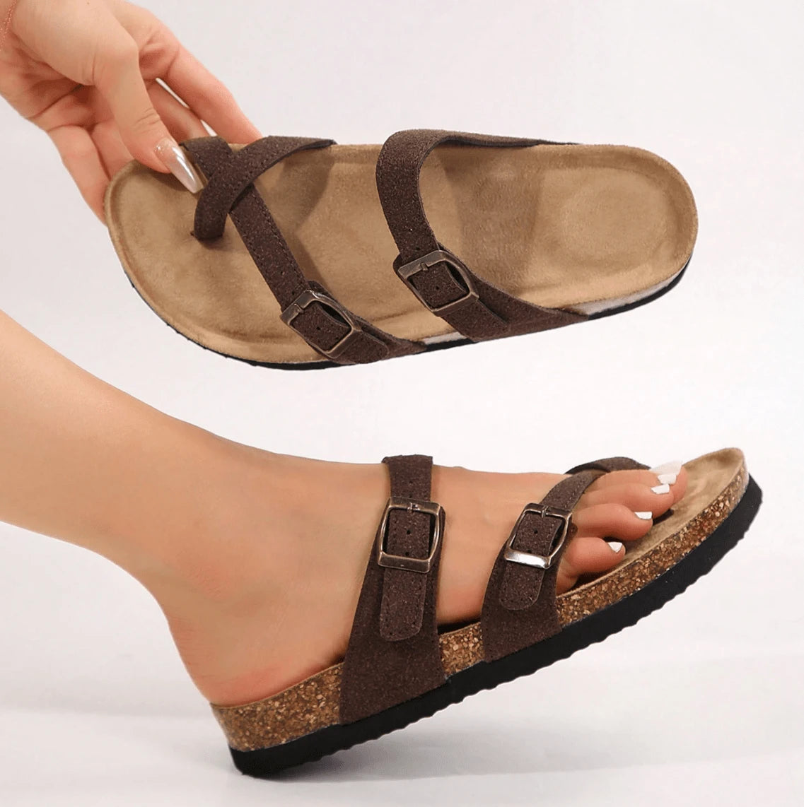 Women's Adjustable Buckle Cork Footbed Sandals, Comfortable Summer Beach Sandals