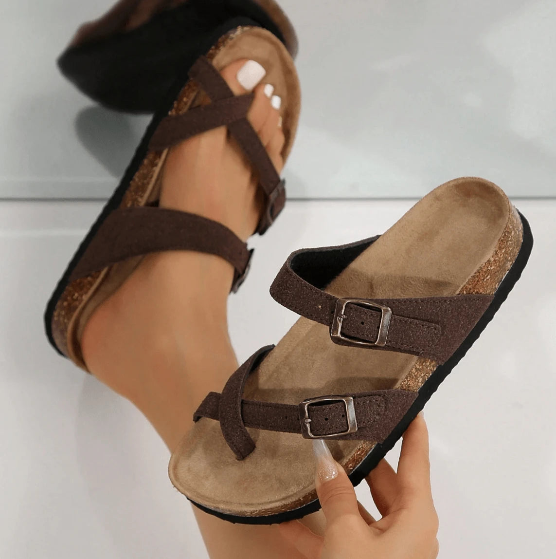 Women's Adjustable Buckle Cork Footbed Sandals, Comfortable Summer Beach Sandals