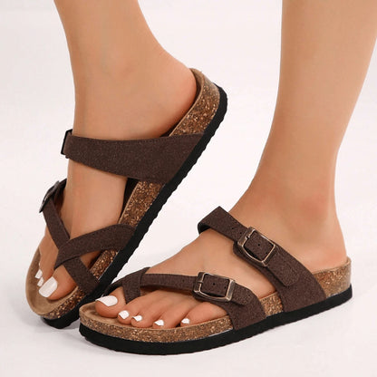 Women's Adjustable Buckle Cork Footbed Sandals, Comfortable Summer Beach Sandals